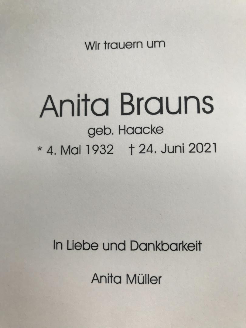 Nachruf Anita Brauns (geb. Haacke)